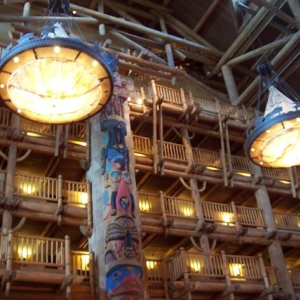 Wide shot of lobby chandeliers.