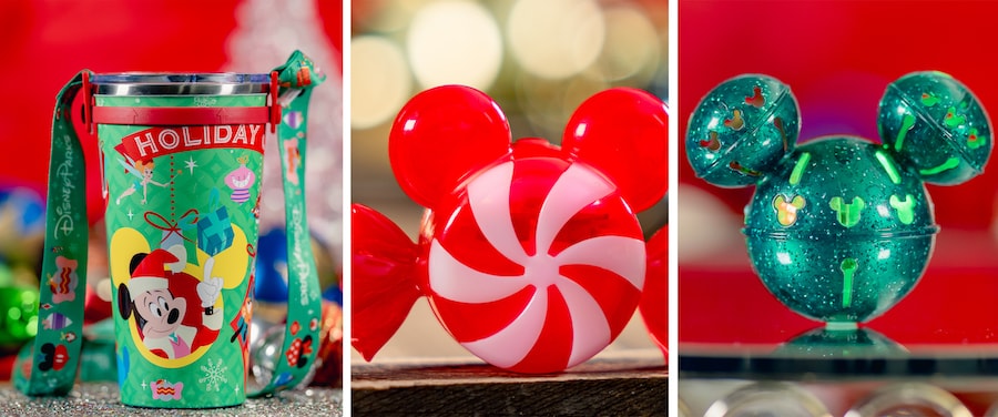 Holiday Travel Tumbler, Mickey Mouse-shaped Peppermint Glow Cube and Mickey Mouse-shaped Green Glitter Jingle Bell Glow Cube