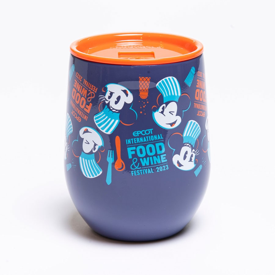 Blue CORKCICLE stemless wine glass with orange lid featuring chef Mickey and EPCOT International Food and Wine Festival logo