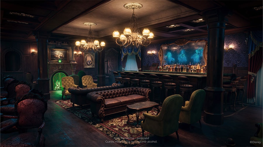 Artist rendering of new Haunted Mansion bar, the Haunted Mansion Parlor, coming the Disney Cruise Line's newest ship, the Disney Treasure in 2024 featuring glowing green fireplace, iconic Haunted Mansion purple wallpaper, hitchhiking ghosts and additional attraction easter eggs and details.