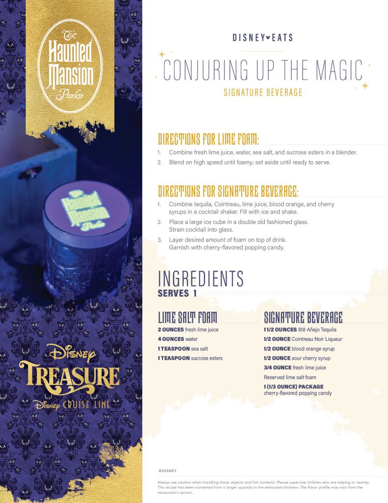 Recipe for Signature Beverage, a new haunted mansion alcoholic cocktail featuring black light hidden message coming to the Haunted Mansion bar on Disney Cruise Line's newest ship the Disney Treasure