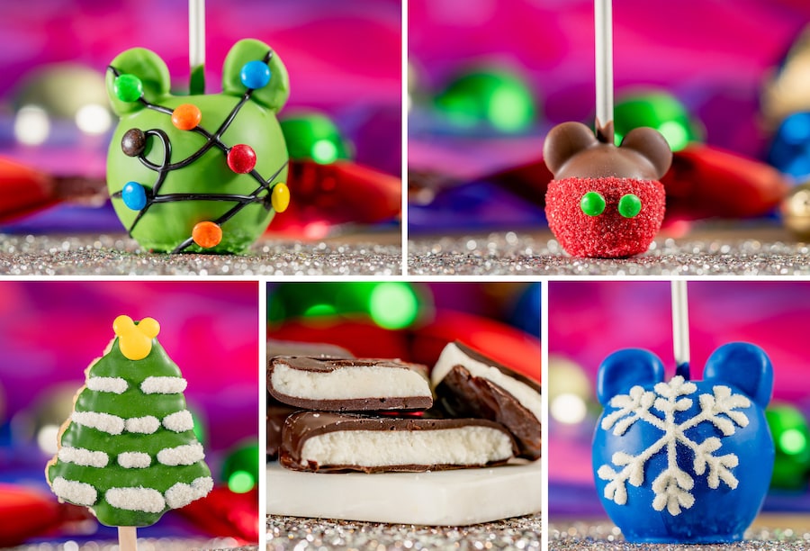 Mickey Christmas Lights Apple, Holiday Mickey Cake Pop, Holiday Tree Cereal Treat, Peppermint Patties and Snowflake Apple for the holidays at Disneyland Resort