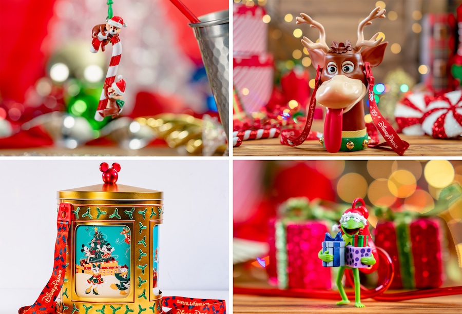 Chip & Dale Holiday Straw Clip, Christmas Parade Reindeer Sipper, Gold Musical Rotating Tin and Holiday Kermit Straw Clip