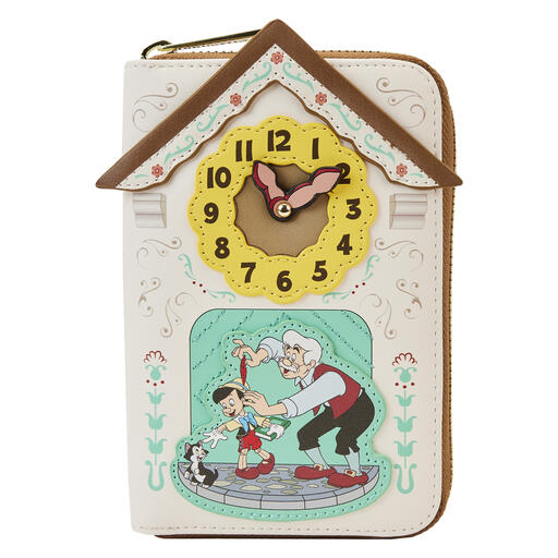Zip around wallet featuring the same cuckoo clock design as the mini backpack with Pinocchio and Gepetto on the front.